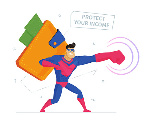 Illustration of a superhero protecting your wallet with cash in it