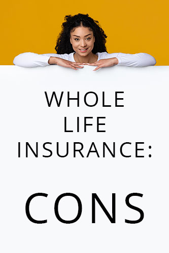  Woman leaning on a white advertisement board that says ‘Whole Life Insurance: Cons’
