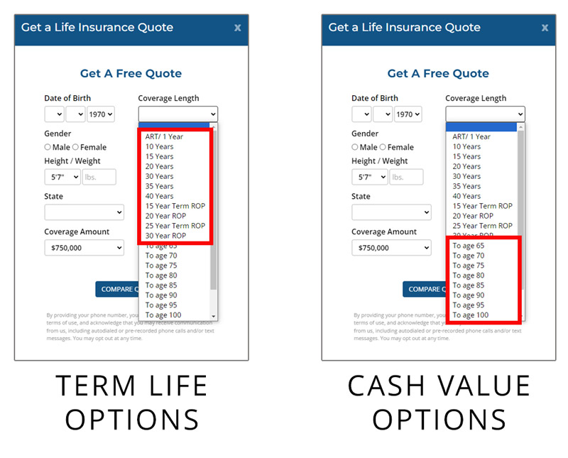 Screenshot of the WholesaleInsurance.net quoter with term lengths and cash value options highlighted